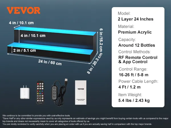 Estante de barra LED VEVOR, 2 capas, 24 pulgadas, acrílico premium, control remoto RF, control de aplicación, cable de 4 pies.