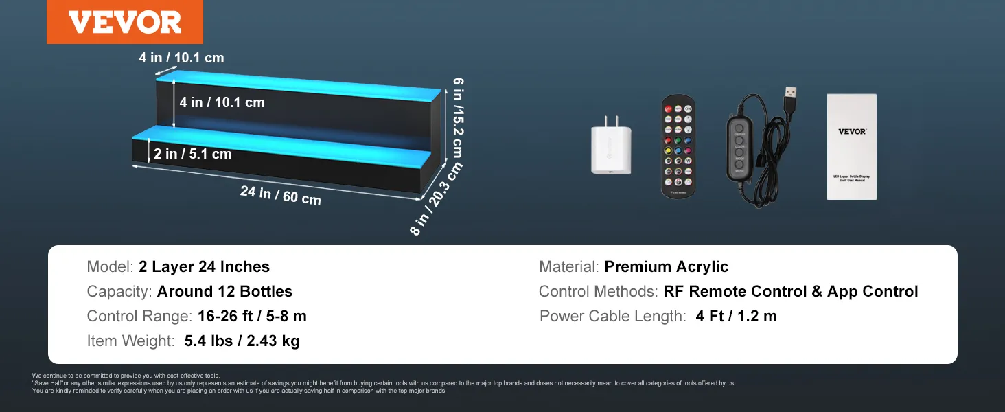 Estante de barra LED VEVOR, 2 capas, 24 pulgadas, acrílico premium, control remoto RF, control de aplicación, cable de 4 pies.