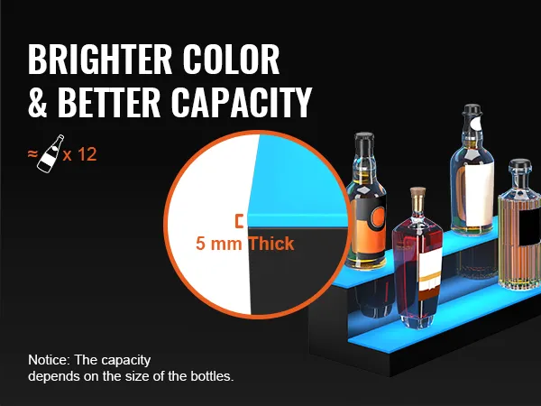 Estante de barra LED VEVOR con estantes de 5 mm de espesor, admite hasta 12 botellas y ofrece colores más brillantes.