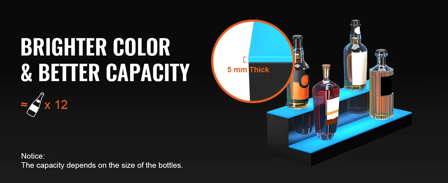 Estante de barra LED VEVOR con estantes de 5 mm de espesor, admite hasta 12 botellas y ofrece colores más brillantes.