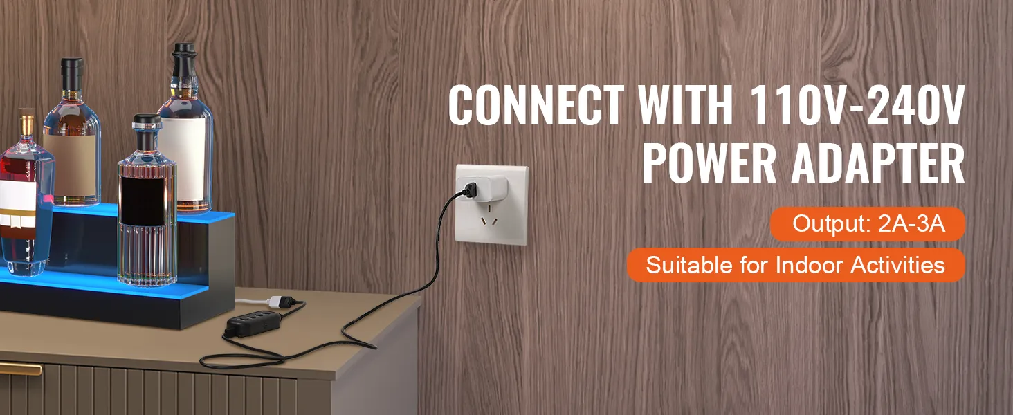 Estante de barra LED VEVOR conectado al adaptador de corriente con botellas exhibidas, adecuado para actividades en interiores.