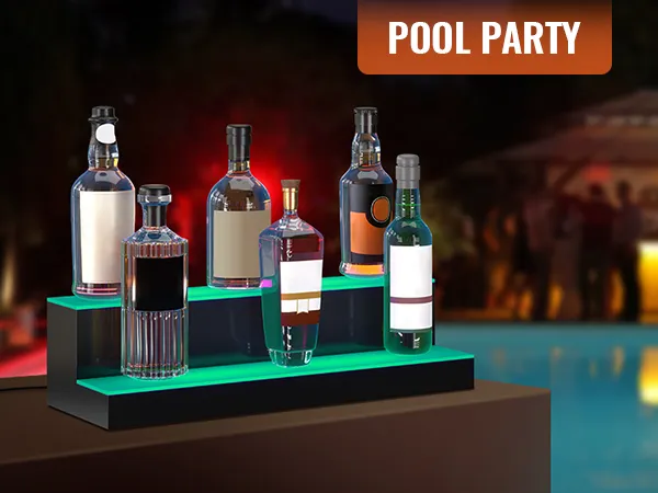 Estante de bar LED VEVOR que muestra botellas de licor en una vibrante fiesta en la piscina con iluminación colorida de fondo.