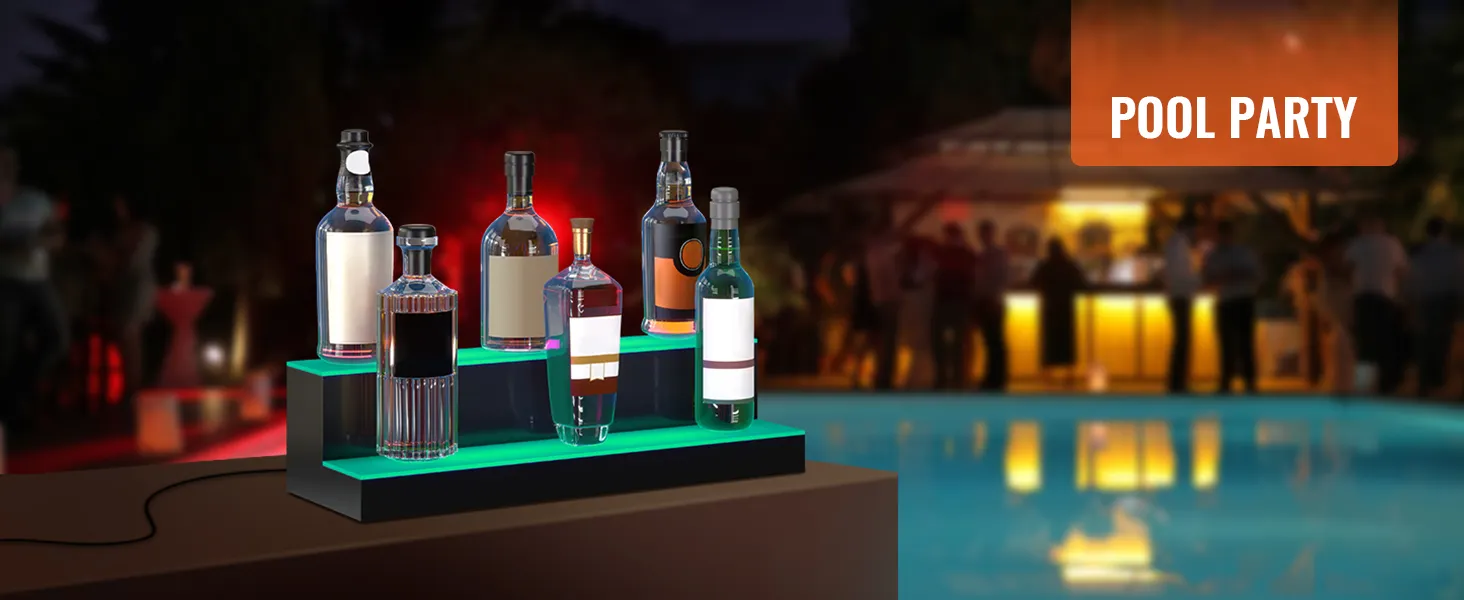 Estante de bar LED VEVOR que muestra botellas de licor en una vibrante fiesta en la piscina con iluminación colorida de fondo.