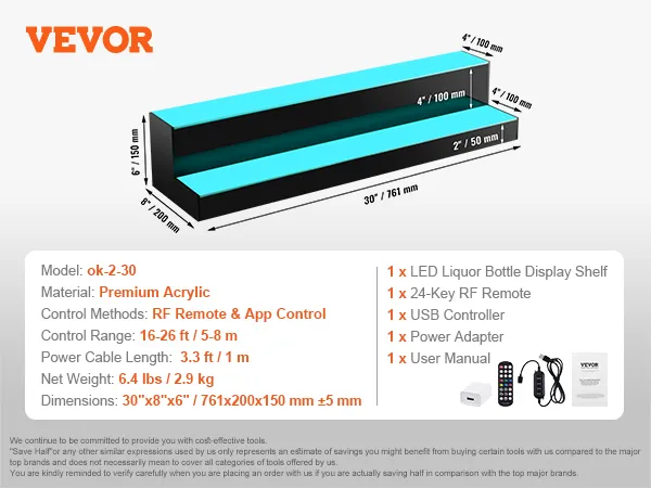 VEVOR led-display voor drankflessen, 2-laags, 30 inch, bediening via afstandsbediening en app, geschikt voor 16 flessen.
