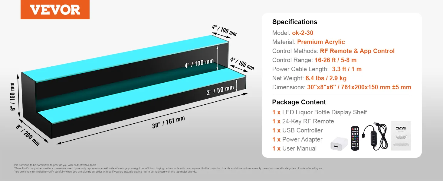 VEVOR led-display voor drankflessen, 2-laags, 30 inch, bediening via afstandsbediening en app, geschikt voor 16 flessen.