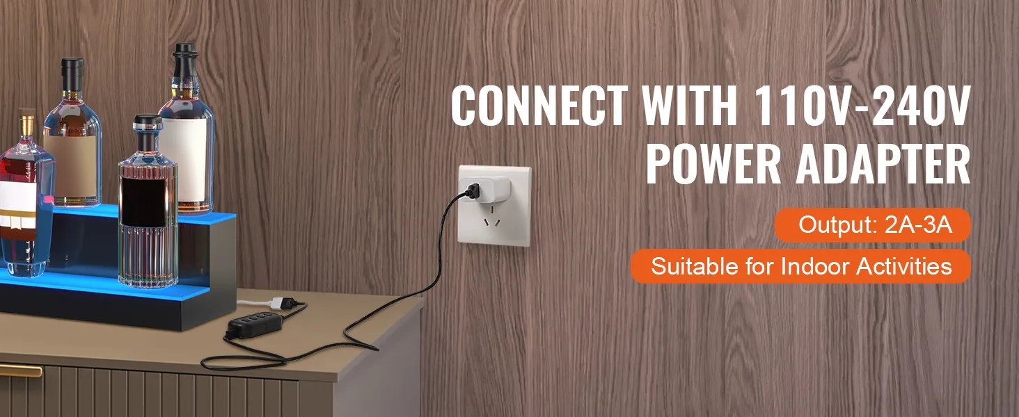 Exhibición de botellas de licor LED VEVOR en mostrador con botellas, enchufe conectado a un adaptador de corriente de 110v-240v.