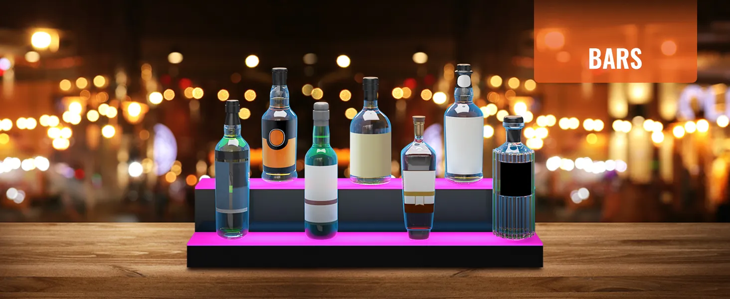 Exhibidor de botellas de licor LED VEVOR con luces de colores, que muestra botellas variadas en un entorno de bar.