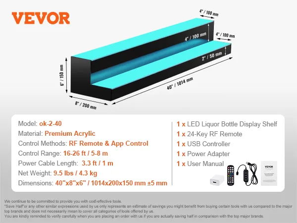 VEVOR led-verlichte drankrek, 2-laags, 40 inch, capaciteit voor 20 flessen, inclusief afstandsbediening.