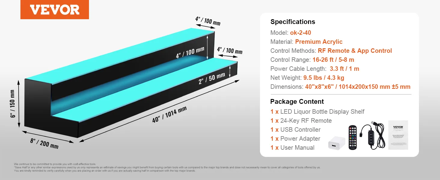 VEVOR led-verlichte drankrek, 2-laags, 40 inch, capaciteit voor 20 flessen, inclusief afstandsbediening.