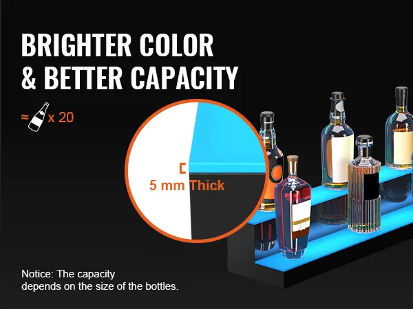 El estante para licores iluminado con LED VEVOR muestra botellas con colores vibrantes y puede contener aproximadamente 20 botellas.