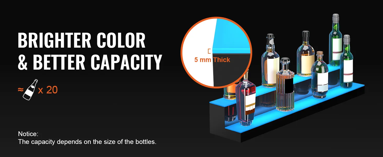 El estante para licores iluminado con LED VEVOR muestra botellas con colores vibrantes y puede contener aproximadamente 20 botellas.