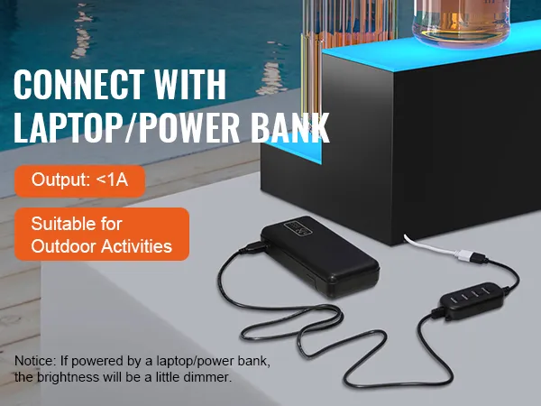 Conecte el estante para licores iluminado con LED VEVOR a una computadora portátil o un banco de energía; adecuado para actividades al aire libre; salida < 1a.
