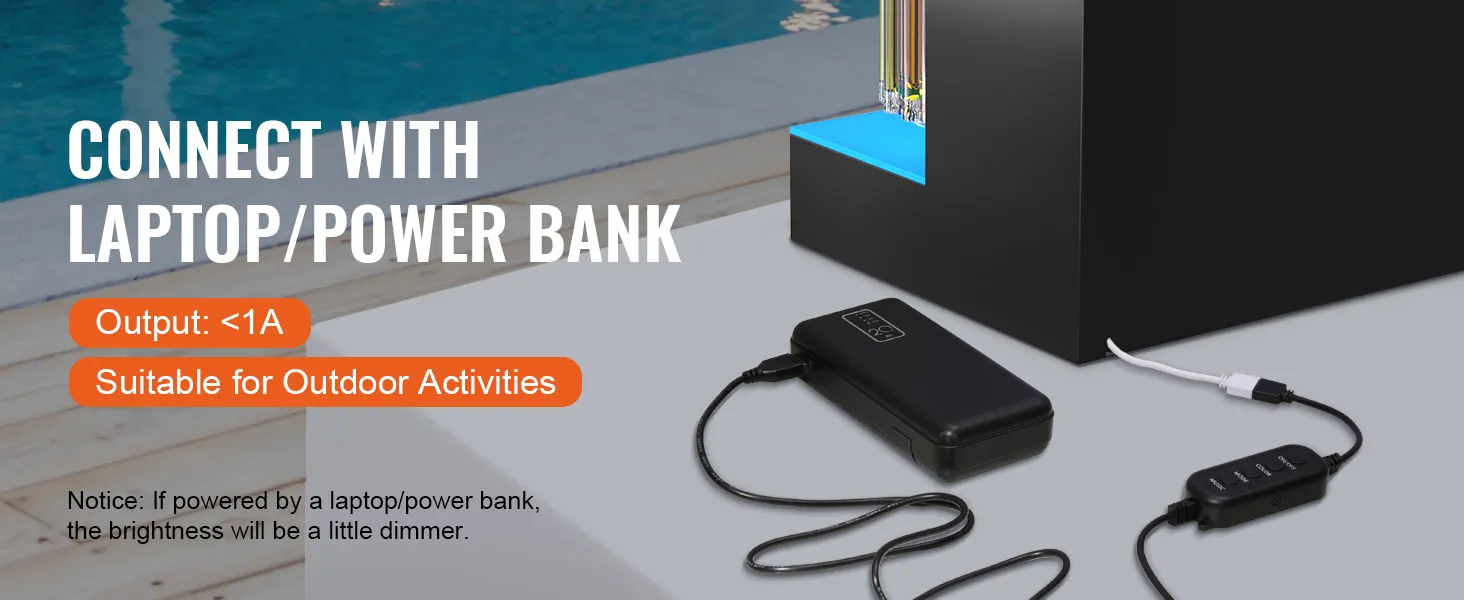 Conecte el estante para licores iluminado con LED VEVOR a una computadora portátil o un banco de energía; adecuado para actividades al aire libre; salida < 1a.