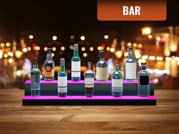 Estante para licores iluminado con LED VEVOR que muestra varias botellas en un entorno de bar con iluminación vibrante.