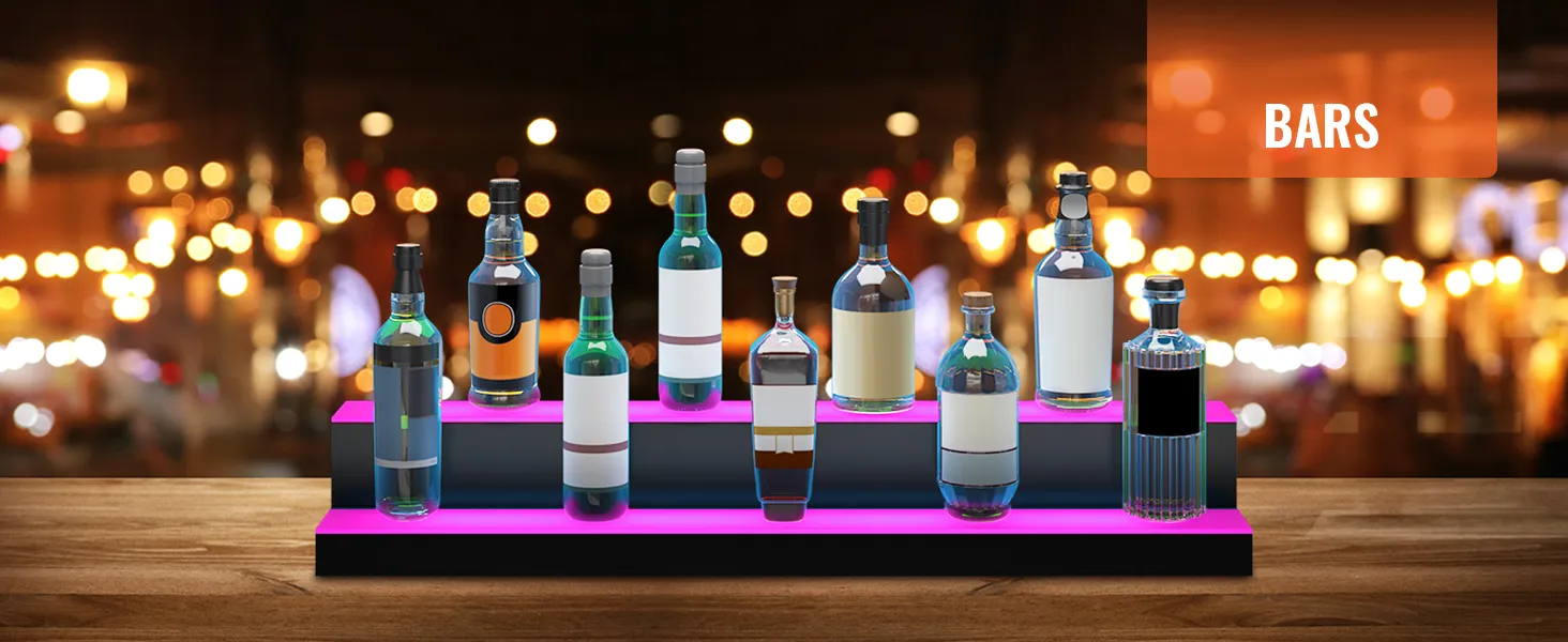 Estante para licores iluminado con LED VEVOR que muestra varias botellas en un entorno de bar con iluminación vibrante.