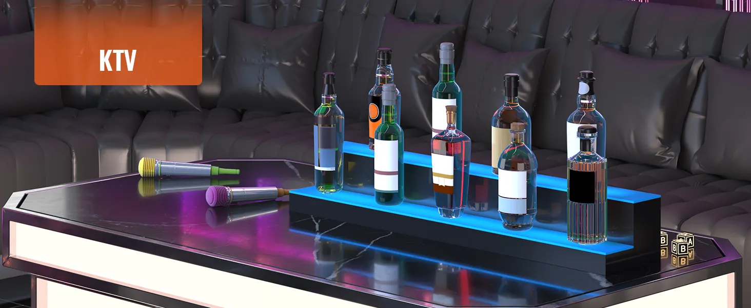 Estante para licores iluminado con LED VEVOR que muestra varias botellas, frente a un lujoso sofá en un entorno de KTV.