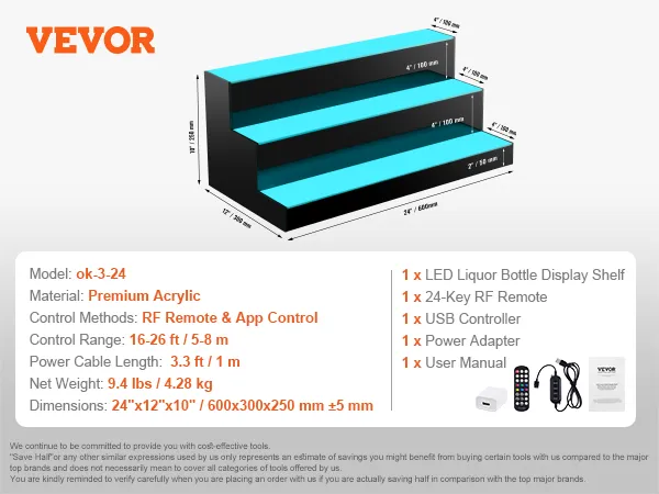 VEVOR led-verlichte drankflessendisplay, 3-laags, 24 inch, geschikt voor 18 flessen, met afstandsbediening en app-bediening.
