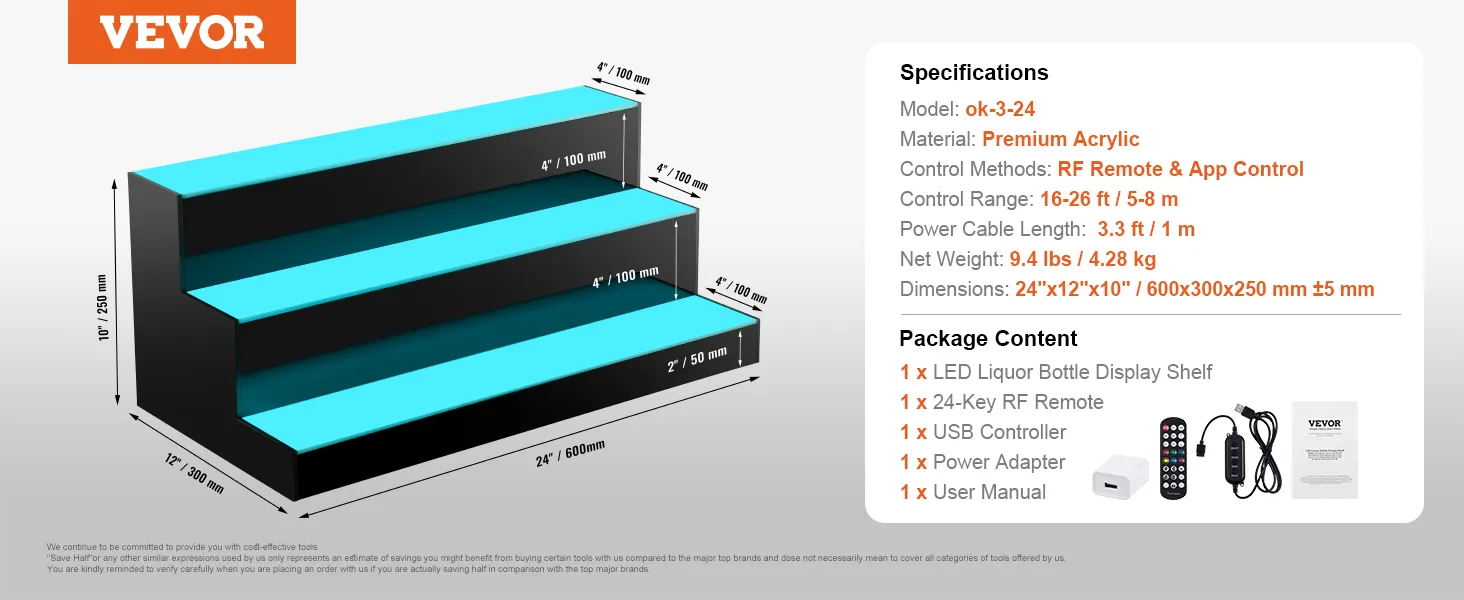 VEVOR led-verlichte drankflessendisplay, 3-laags, 24 inch, geschikt voor 18 flessen, met afstandsbediening en app-bediening.