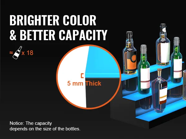 Exhibidor de botellas de licor iluminado con LED VEVOR, estante de 3 niveles que muestra colores brillantes y 5 mm de espesor, tiene capacidad para 18 botellas.