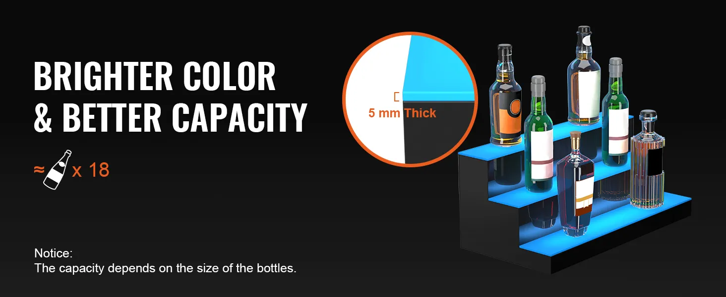 Exhibidor de botellas de licor iluminado con LED VEVOR, estante de 3 niveles que muestra colores brillantes y 5 mm de espesor, tiene capacidad para 18 botellas.