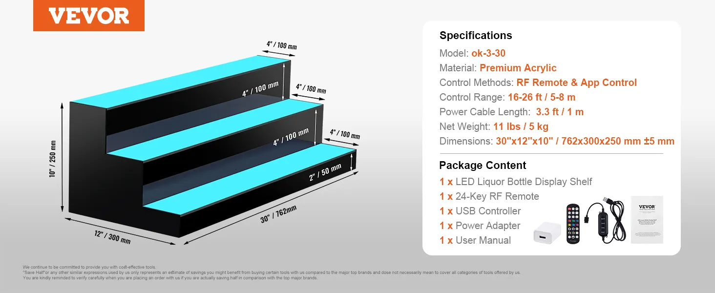 VEVOR led bar shelf, 3-layer, 30 inches, premium acrylic, rf and app control, holds 24 bottles.