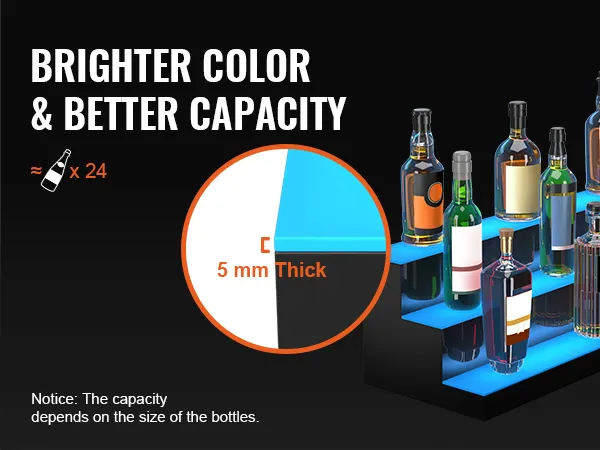 branded led bar shelf with vibrant colors displaying assorted liquor bottles.
