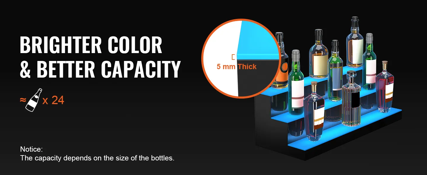 branded led bar shelf with vibrant colors displaying assorted liquor bottles.