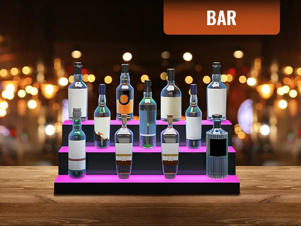 VEVOR led bar shelf displaying various liquor bottles with a vibrant blurred bar background.