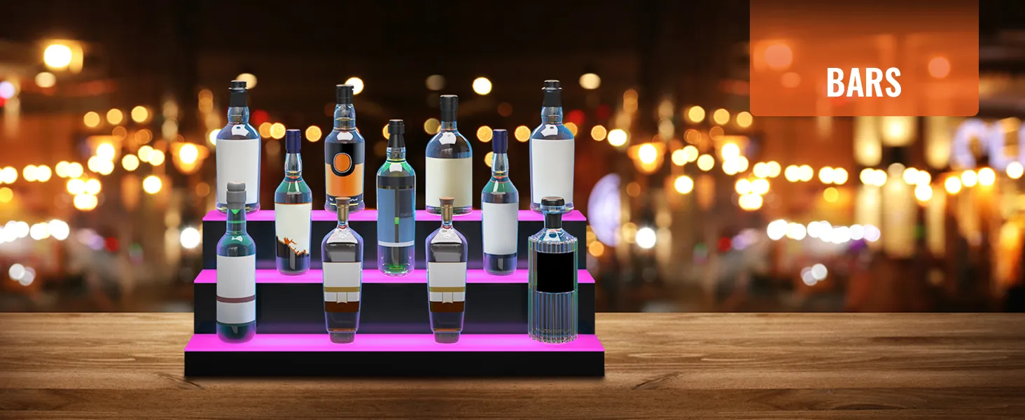 VEVOR led bar shelf displaying various liquor bottles with a vibrant blurred bar background.