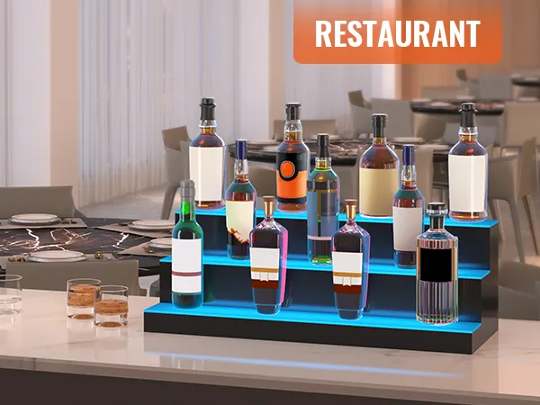 VEVOR led bar shelf displaying various liquor bottles in a modern restaurant setting.