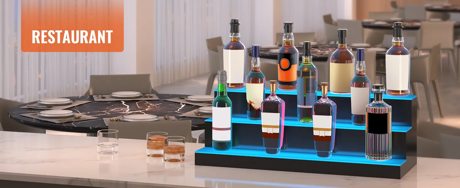 VEVOR led bar shelf displaying various liquor bottles in a modern restaurant setting.