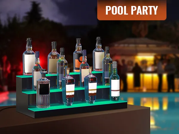 VEVOR led bar shelf with liquor bottles at night pool party.