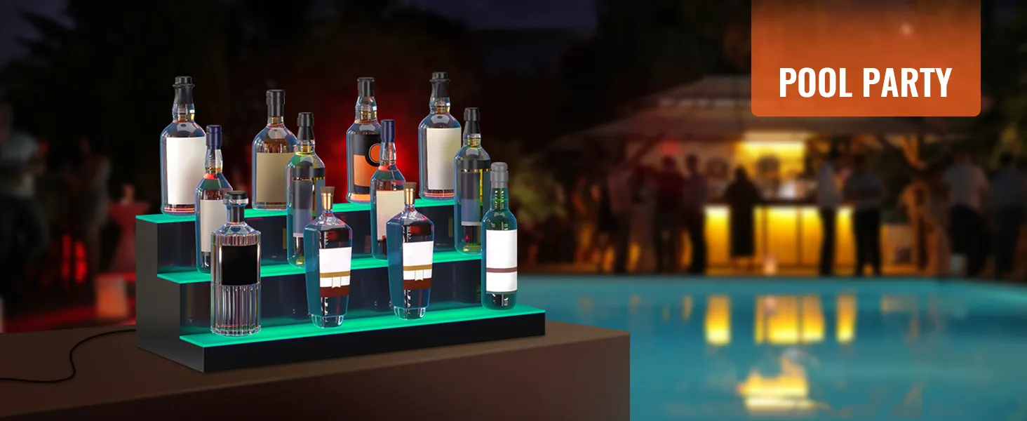 VEVOR led bar shelf with liquor bottles at night pool party.