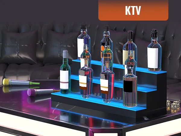 ktv room with a VEVOR led bar shelf displaying assorted liquor bottles on a black table.