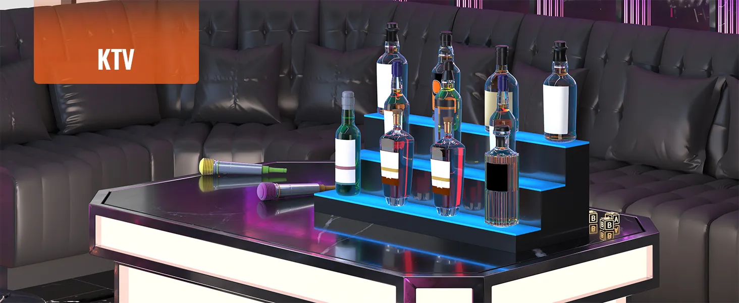 ktv room with a VEVOR led bar shelf displaying assorted liquor bottles on a black table.