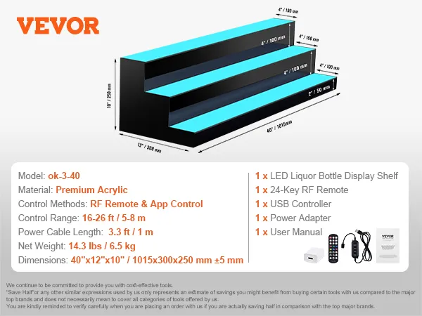 VEVOR led liquor bottle display, 3-layer, 40 inches, premium acrylic, rf remote & app control.