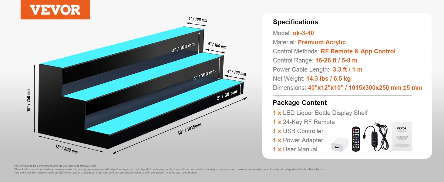 VEVOR led liquor bottle display, 3-layer, 40 inches, premium acrylic, rf remote & app control.