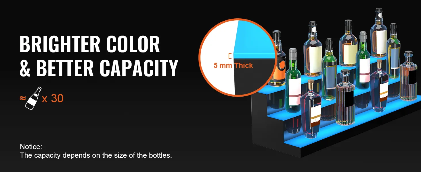 Exhibidor de botellas de licor LED VEVOR, estante de 3 niveles con colores más brillantes, tiene capacidad para alrededor de 30 botellas.
