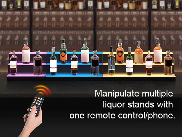 Exhibidor de botellas de licor LED VEVOR con control remoto que muestra botellas iluminadas en soportes.