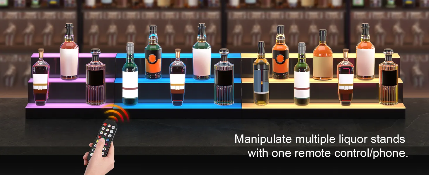 Exhibidor de botellas de licor LED VEVOR con control remoto que muestra botellas iluminadas en soportes.
