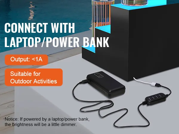 Exhibición de botellas de licor LED VEVOR conectada a un banco de energía mediante una piscina con texto que muestra la salida y la idoneidad.