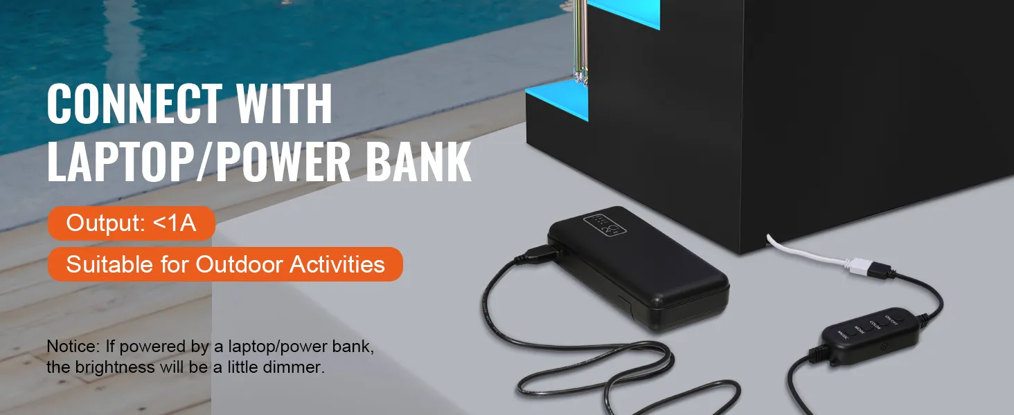 Exhibición de botellas de licor LED VEVOR conectada a un banco de energía mediante una piscina con texto que muestra la salida y la idoneidad.