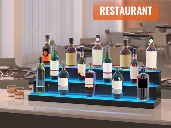 Exhibidor de botellas de licor LED VEVOR que muestra botellas variadas en un elegante entorno de restaurante.