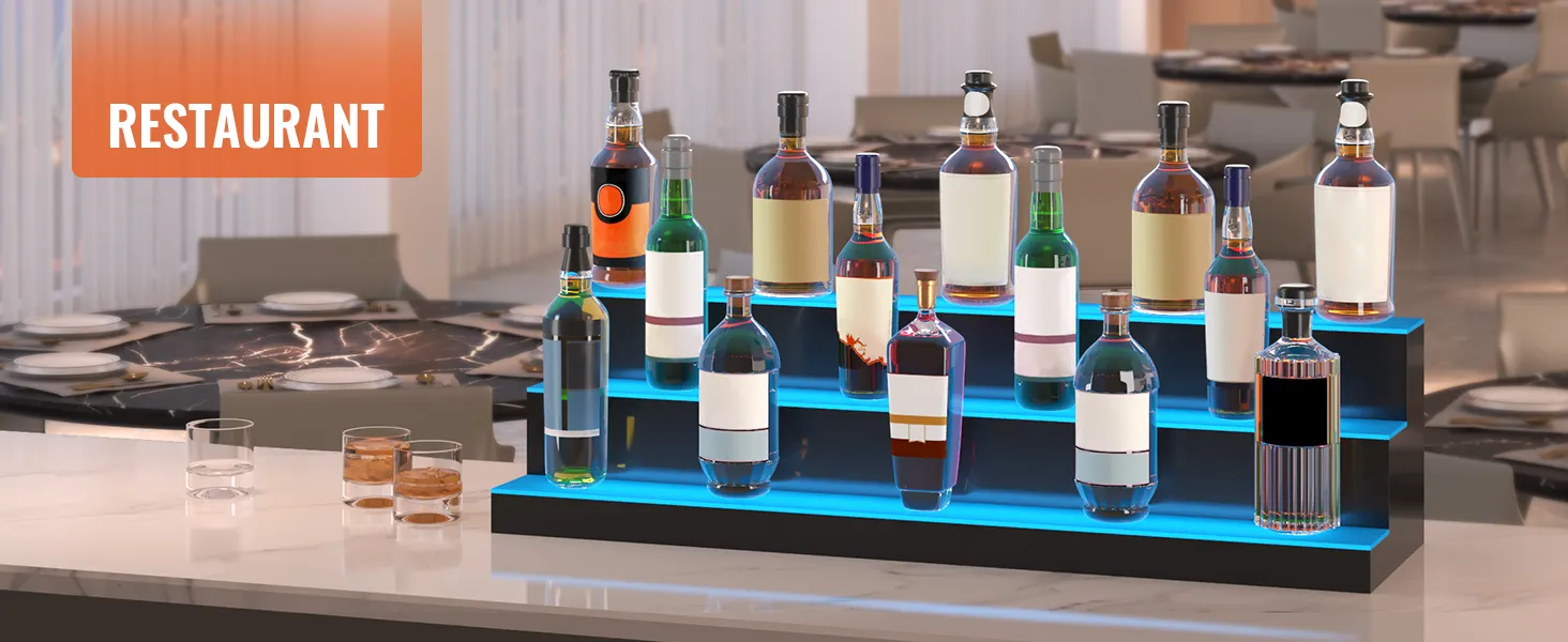 Exhibidor de botellas de licor LED VEVOR que muestra botellas variadas en un elegante entorno de restaurante.