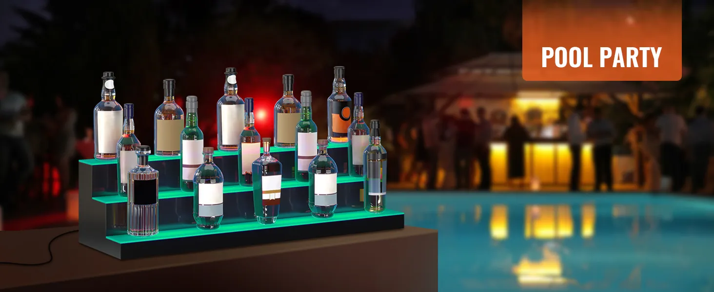 Exhibición de botellas de licor LED VEVOR en una animada fiesta en la piscina, botellas brillantes en los estantes.