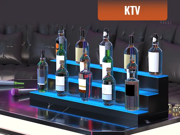 Exhibición de botellas de licor LED VEVOR en una mesa en un salón de KTV con micrófonos y asientos lujosos.