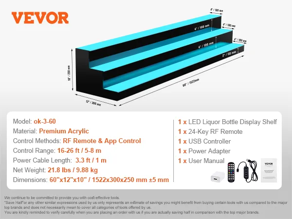 Exhibidor de botellas de licor LED VEVOR, 3 capas, acrílico premium, control remoto RF y aplicación, tiene capacidad para alrededor de 54 botellas.