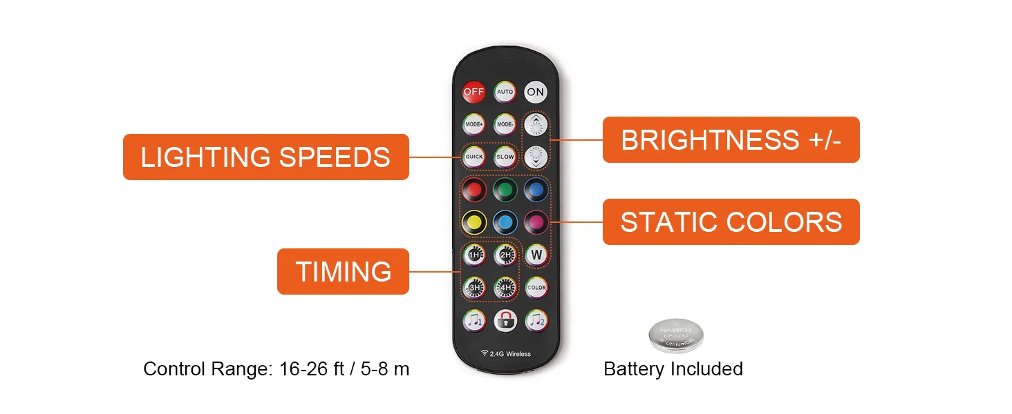 Control remoto con botones para velocidades de iluminación, brillo, tiempo, colores estáticos para exhibición de botellas de licor LED VEVOR.