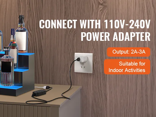 Exhibidor de botellas de licor LED VEVOR con luces azules, conectado a un adaptador de corriente de 110v-240v.