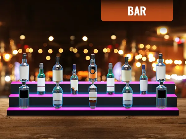 Exhibidor de botellas de licor LED VEVOR que muestra varias botellas en un soporte iluminado con un fondo de barra.